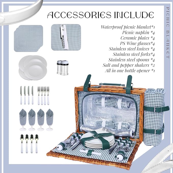 Picnic Basket Set for 4 with Waterproof Blanket Mat Insulation Bag Wicker Green Plaid Classic Cottagecore Gift for Christmas Thanksgiving Wedding Birthday Camp Outdoor Beach Travel - Image 5