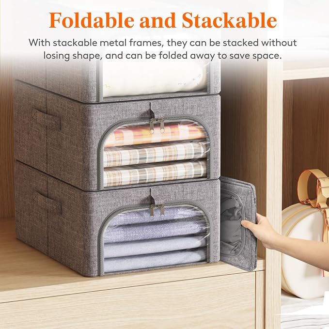Lifewit Clothes Storage Bins with Metal Frame 3 Pack, Fabric Stackable Storage Bags with Lids, Zipper, Foldable Clost Organizers Containers for Clothing, Blanket, Winter Cloth, 25L - Image 2