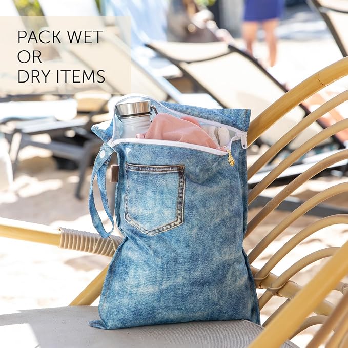 Bumkins Roamio Wet Bag and 3-Pack Clear-Sided Travel Pouches, Waterproof Fabric Organizer for Toiletries, Gym Clothes, Swim Gear, Shoes, Accessories, TSA Compliant Packing Set, Faux Denim 4-pc Set - Image 3