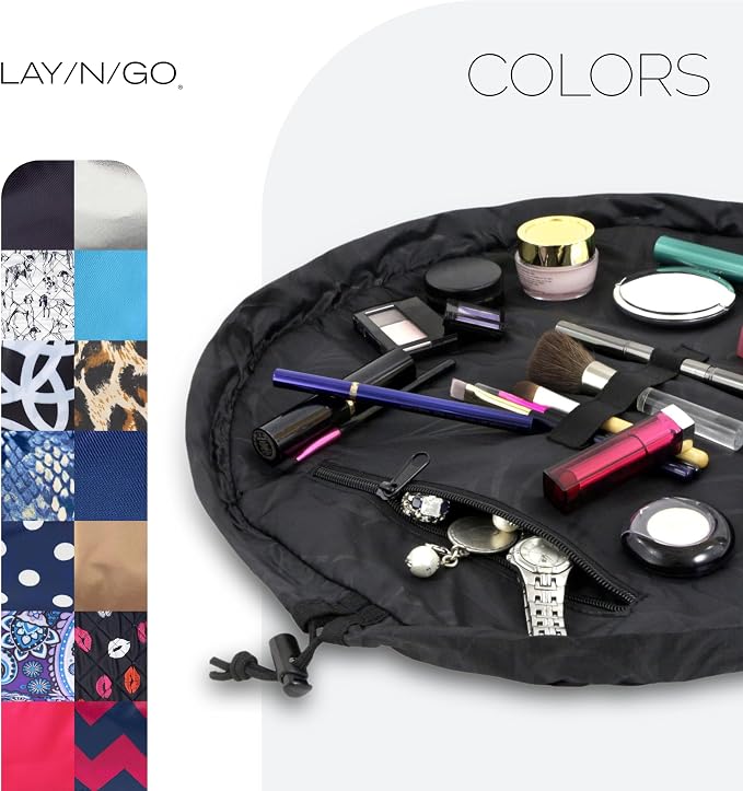 Lay-n-Go Cosmo Layflat Drawstring Cosmetic & Makeup Bag Organizer - Portable Drawstring Bag w/Zipper Pocket, Makeup Loops & More - Durable, Machine Washable Toiletry Bag for Travel (20", Black) - Image 8