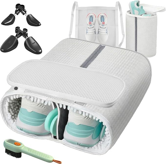 Upgraded Dual Compartment Design Shoe Bag for Washing Machine with Adjustable Shoes Trees& Sneaker Dryer Bag, 420g Heavy-Duty Shoe Washing Machine Bag, Clasp-Lock Zipper for Maximum Protection by Unknown