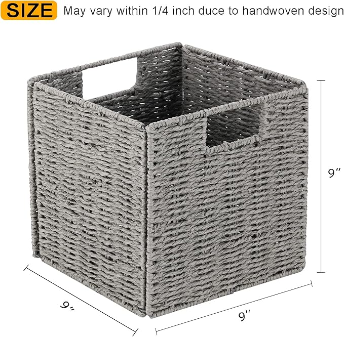 Vagusicc Storage Basket, Set of 2 Hand-Woven Paper Rope Wicker Baskets for Storage, Foldable Cube Storage Bins Organizer, 9 inch Medium Wicker Storage Baskets for Shelves Pantry Organizing Decor, Grey - Image 2