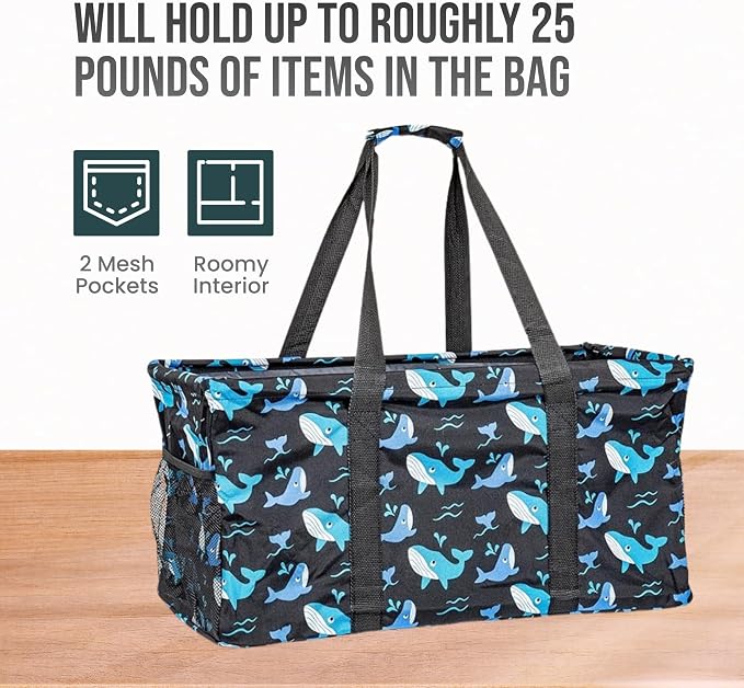 Extra Large Utility Tote Bag - Oversized Collapsible Reusable Wire Frame Rectangular Canvas Basket With Two Exterior Pockets For Beach, Pool, Laundry, Car Trunk, Storage - Whale - Image 5
