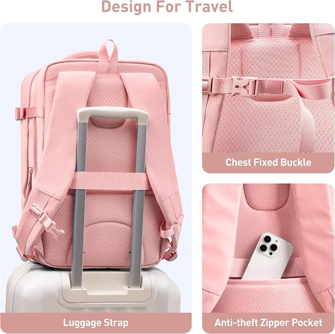 SHOWKOO Laptop Backpack for 17 Inch Laptop, 40L Expandable Large Capacity Backpack, TSA Carry On Travel Backpack with Padded Laptop Compartment, Water-Resistant College & Commuter Bag, Pink - Image 7