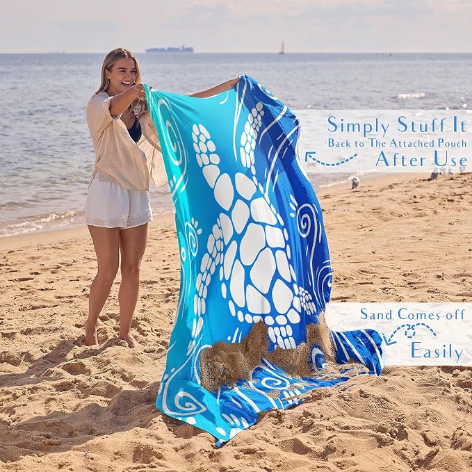 WEKAPO Beach Blanket Waterproof Sandproof Oversized Extra Large Sand Free Beach Mat with Stakes, Storage Bag - Essentials for Outdoor Beach, Picnic (Gradient Blue Sea Turtle, 8 X 7 FT (1~4 Person)) - Image 5