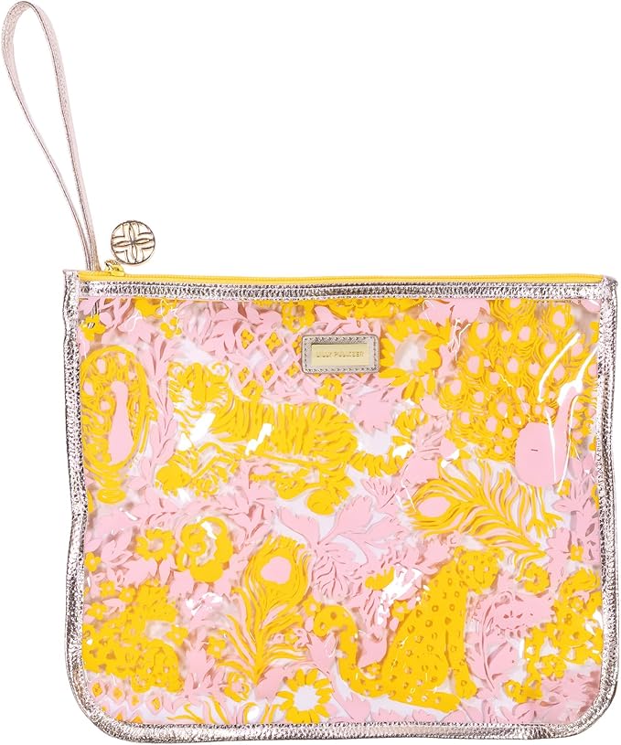 Lilly Pulitzer Water Resistant Vinyl Beach Essentials Paradise Pouch, Zipper Bag Includes 2 Scrunchies, Drink Holder & Towel Stakes (Royal Zoo) - Image 2