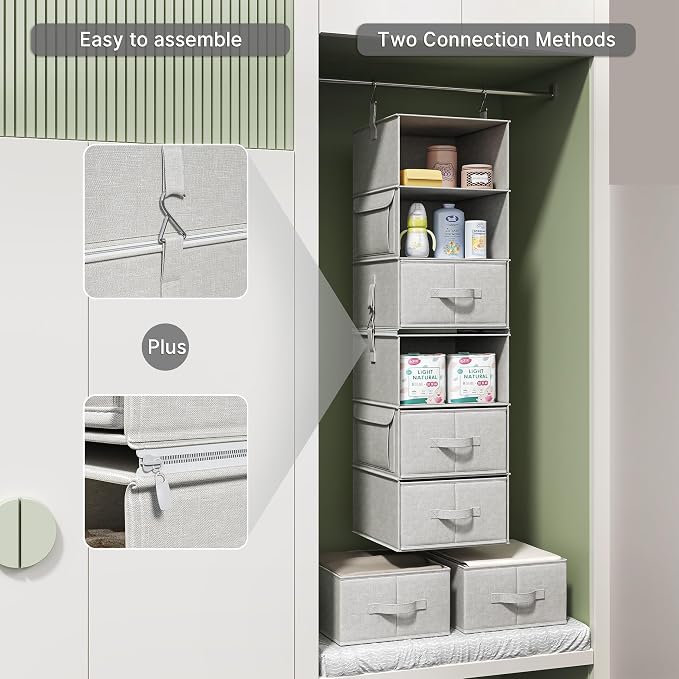 Vailando 6-Shelf Hanging Closet Organizer with 3 Drawers, 2 Separable 3-Shelf Closet Organizers and Storage for Wardrobe Organization, Hanging Dresser for Nursury & Dorm Clothes Organizer - Image 6