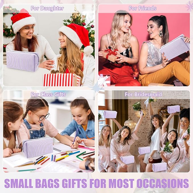 Giesiery 8 Pcs Seersucker Makeup Bags Striped Cosmetic Bags Bulk Organizer for Women Preppy Travel Toiletry Pouch for Wedding Bridesmaid Gifts (Purple, Medium) - Image 6