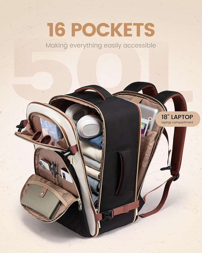 LOVEVOOK Travel Backpack Carry on Flight Approved 50L,Waterproof TSA Travel Essentials Personal Item Backpack for Women Men,Large Carry on Luggage Suitcase Travel Bag for Airplane with 3 Packing Cubes - Image 5