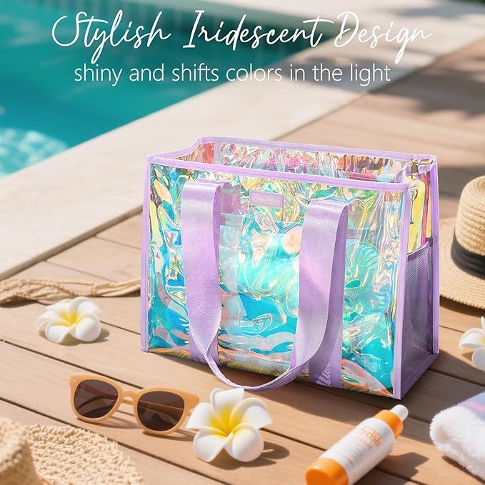 Bagstellar Iridescent Beach Bag, Jelly Tote Bag with Phone Pouch Makeup Bag | Large Beach Bags Waterproof Sandproof, Zipper Beach Tote Clear Pool Swim Boat Bag for Women Summer Travel Cruise Essentials - Image 5