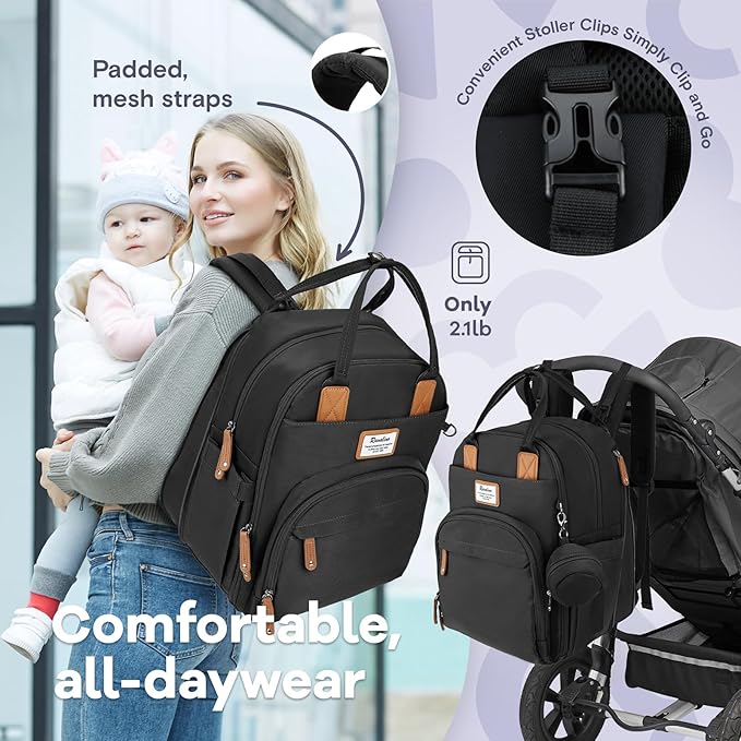 RUVALINO Diaper Bag Backpack-Expandable Baby Bag with up to 50% Capacity -Baby Essentials Bag with Changing Pad Insulated Bottle Holders & Pacifier Case, Waterproof, Black XL - Image 5