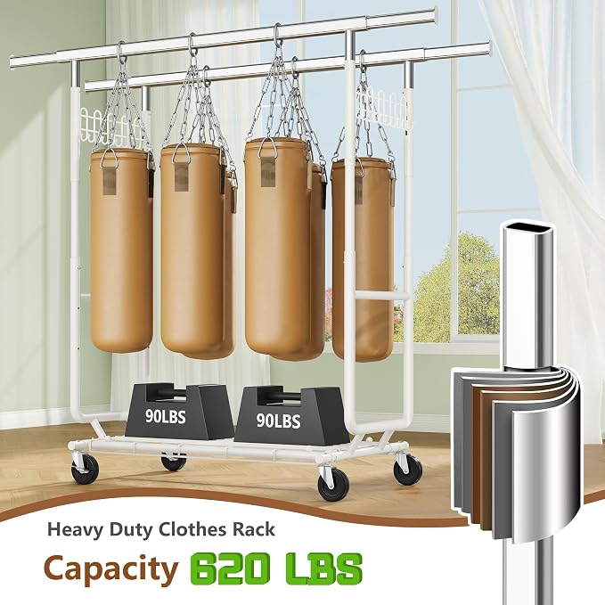 Hoctieon 2-Minute Assembly Double Rod Clothes Rack, Heavy Duty Rolling Clothing Racks with Wheels, Foldable Commercial Garment Rack, Extendable Hanging Bar, Adjustable Metal Pole with Hooks, White - Image 4