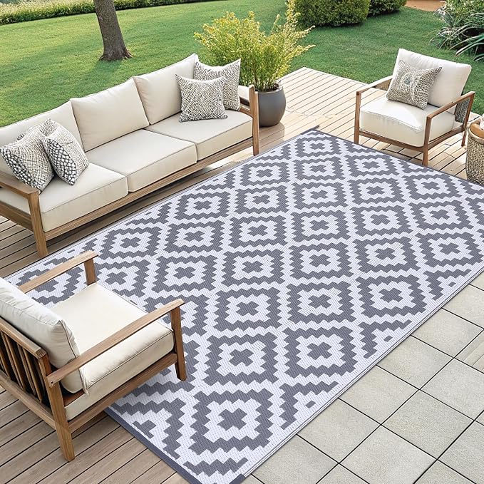 Smiry Waterproof Outdoor Rug 9x12 ft, Reversible Plastic Straw Patio Camping Rugs, Outdoor Indoor RV Mat Carpet for Patio, Outside Entry, Backyard, Deck, Bench, Picnic, Camper, White & Grey - Image 7