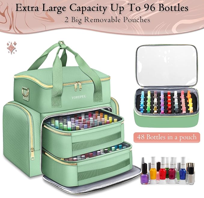 YOREPEK XL Nail Polish Organizer Bag Holds 96 to 100+ Bottles, Sage Breeze | Gel Polish Travel Case Bag with 2 Removable Pouches, Nail Storage Bag Fits Nail Supplies, UV lamp, Gifts for Manicurist Women - Image 5