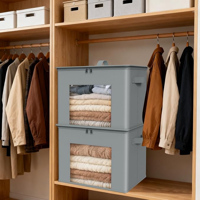 Zilink Fabric Storage Bins with Lid 4-Pack Stackable Closet Storage Bins Sweater Organizer with Zipper & Clear Window Closet Organizers and Storage Box for Home, Bedroom (Light Grey,17" x 12" x 12") - Image 6