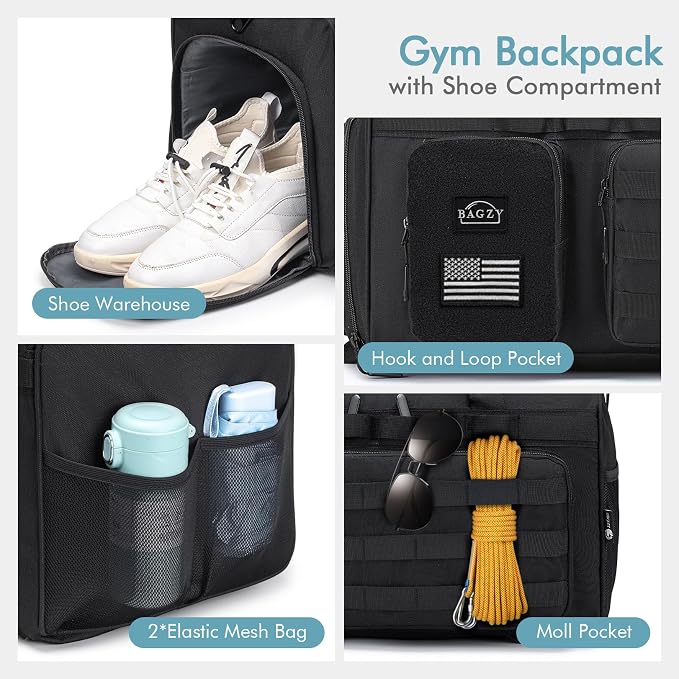 Tactical Gym Bag for Men 55L Sports Duffel Bags 3 in 1 Travel Duffel Bag with Shoe Compartment Waterproof Workout Backpack Carry On Bag for Overnight Weekender Travel Black - Image 4
