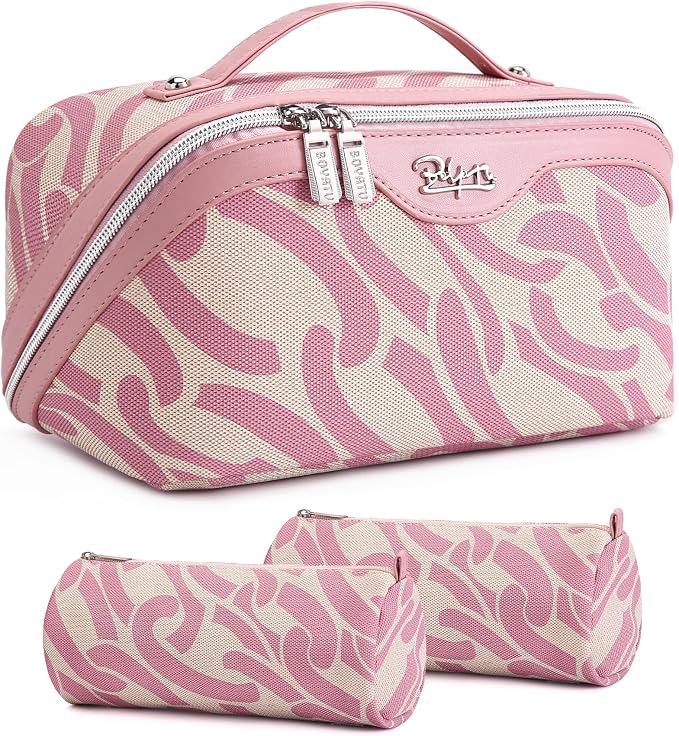 BOYATU Travel Makeup Bag for Women: Large Capacity 3-Piece Cosmetic & Toiletry Organizer - Expands Storage by 50% with 2 Detachable Pouches,Opens Flat for Easy Packing,Waterproof PU Leather(Pink) by BOYATU
