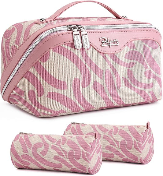 BOYATU Travel Makeup Bag for Women: Large Capacity 3-Piece Cosmetic & Toiletry Organizer - Expands Storage by 50% with 2 Detachable Pouches,Opens Flat for Easy Packing,Waterproof PU Leather(Pink) by BOYATU