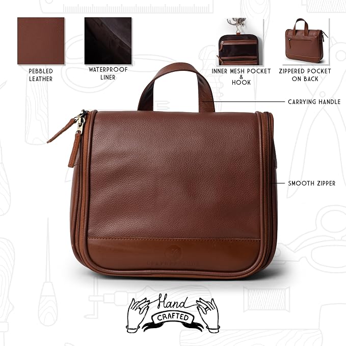 Sutton Handmade Genuine Cowhide Leather Hanging Toiletry Bag Travel Dopp Kit for Men and Women Caramel Brown - Image 6