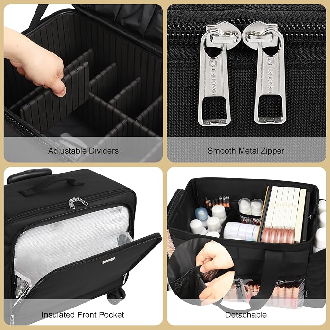 TANTO Rolling Makeup Bag, Cosmetology Case on Wheels Travel Makeup Tote Bag Pro Makeup Artist Bags 3 in 1 Extra Large Cosmetics Organizer Case with 360° Swivel Wheels and Adjustable Dividers - Image 4