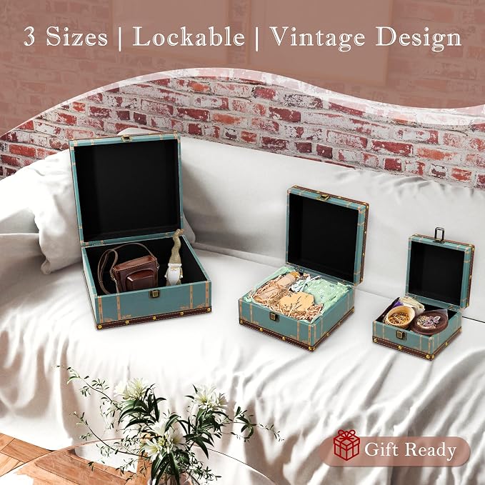 Jolitac Wooden Storage Box Set of 3, Antique-Looking Storage Containers with Secret Compartments Vintage Nesting Keepsake Chests for Jewelry, Cash, Photos Travel-Friendly & Stackable (Green) - Image 5