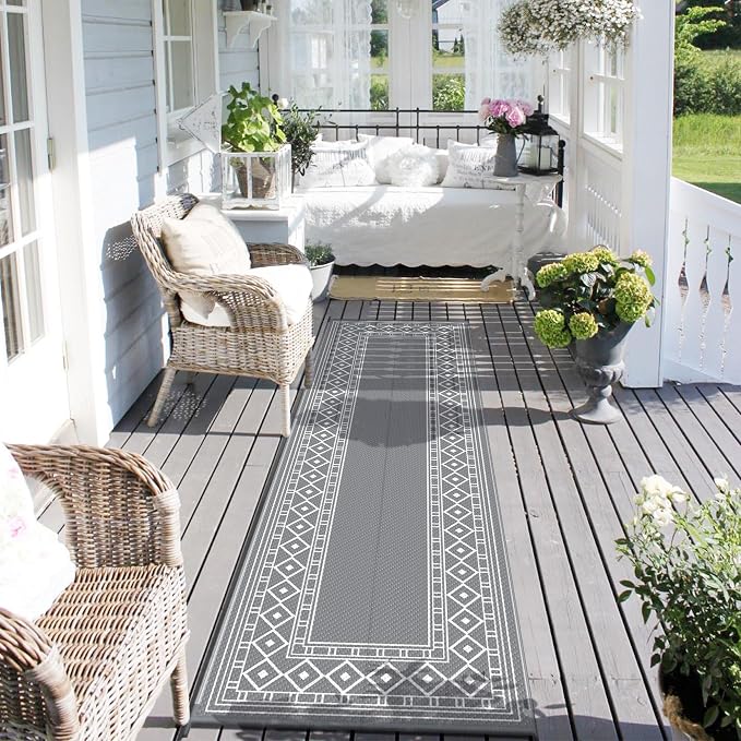 GENIMO Outdoor Rug, Waterproof Plastic Runner Rugs, 2.5'x8' Grey White | Outside Larger Modern Carpet Mat for Porch Decor, Deck, Balcony, Camping, RV, Backyard, Picnic, Beach, Reversible - Image 2