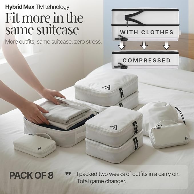 Well Traveled 8 pcs Compression Packing Bags Cubes Set with HybridMax Double-Capacity Design - Packing Cubes for Travel Compression to Maximize Limited Luggage Space, White - Image 5