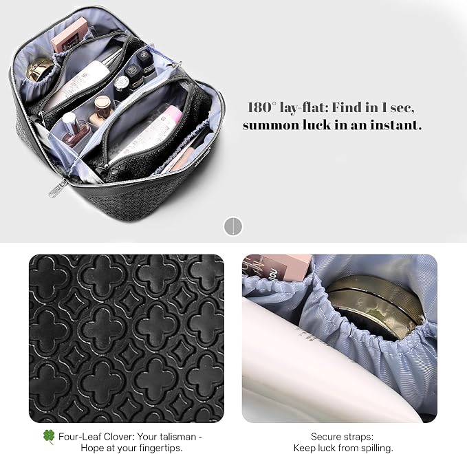BOYATU Travel Makeup Bag for Women: Four Leaf Clover Large Capacity 3 Pcs Set Cosmetic Bags - Waterproof 50% Extra Space for Toiletry Organizer - Travel Essentials for Fortunate (06 Black) - Image 7