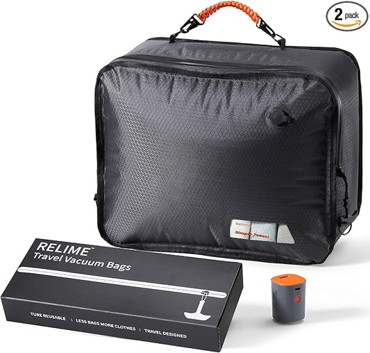 Relime Apex Series Vacuum Bags for Travel Luggage, 180° Open, Reusable Compression Bags for travel Pack, Vacuum Seal Packing Cube for Cloth (1Medium+Pump) by Relime