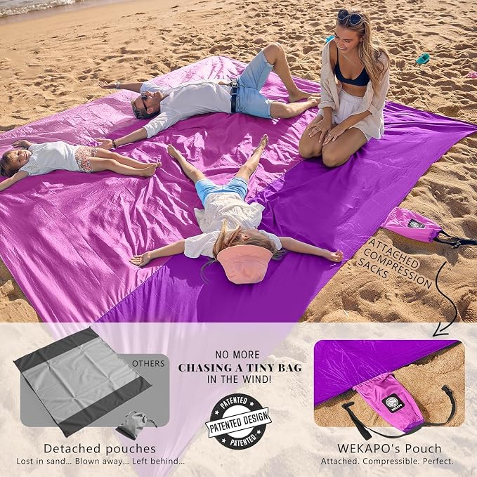 WEKAPO Beach Blanket Sandproof Waterproof, Extra Large Beach Mat, Oversized & Compact Sand Free, Quick Drying Beach Essentials for Vacation, Cruise, Picnic & Camping with Stakes - Image 3