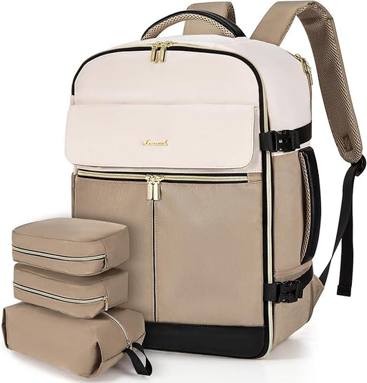 LOVEVOOK Travel Backpack for Women, TSA Carry On Backpack Flight Approved Luggage, 40L Water Resistant Personal Item Daypack Large Weekender Bag fit 17 inch Laptop with 3 Cubes, Beige-khaki-black by LOVEVOOK