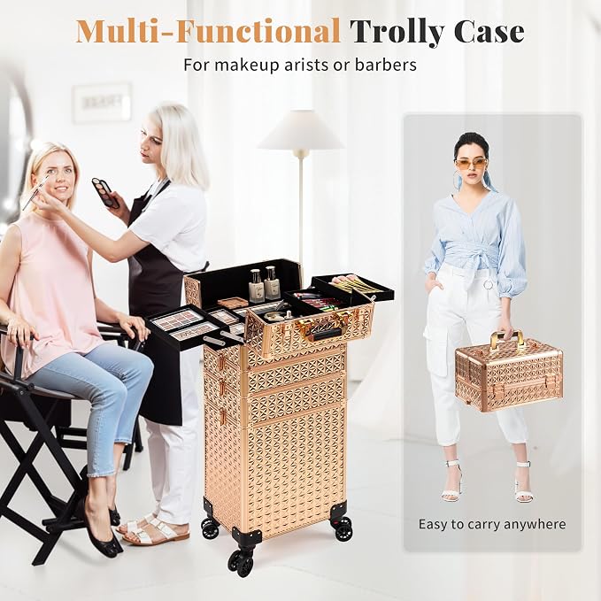 AROUS 5 in 1 Rolling Makeup Train Case with Lid Cosmetology Case on Wheels | Large Cosmetic Trolley Organizer with Keys Salon Barber Case Traveling Cart Trunk for Artist Hairstylists Nail Tech, Gold - Image 8