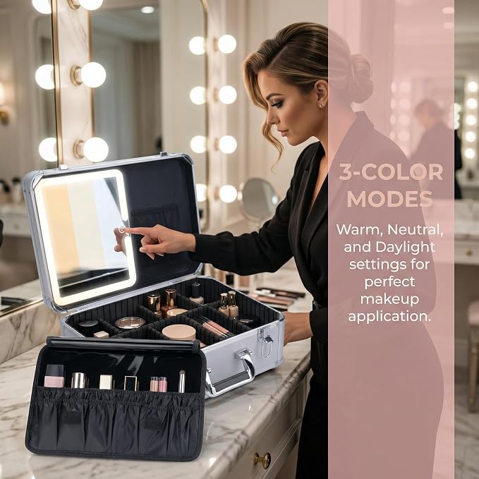 CHENGLIN Extra Large 15 inches Makeup Case with Lighted Mirror – Cosmetic Organizer with Adjustable Dividers, Magnetic LED Mirror, Portable Makeup Suitcase for Women (Silver) - Image 6