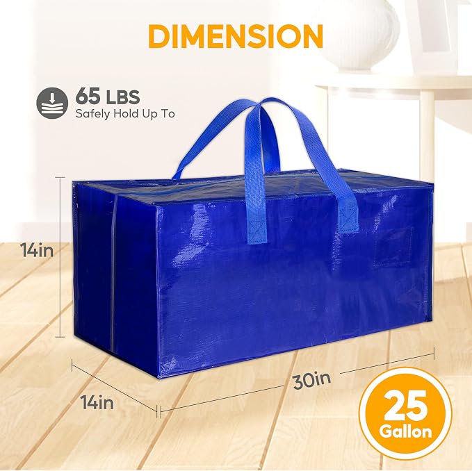 HealSmart 4 Pack Extra Large Moving Bags with Zippers & Carrying Handles, Heavy-Duty Storage Tote Moving Boxes for Dorm Room Essentials Storage Bags, Blue - Image 2