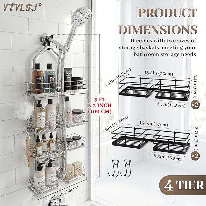 4-Tier Hanging Shower Caddy for Handheld Showerhead, Heavy-Duty Stainless Steel with Dual-Rotating Clamp, Silver - Image 2