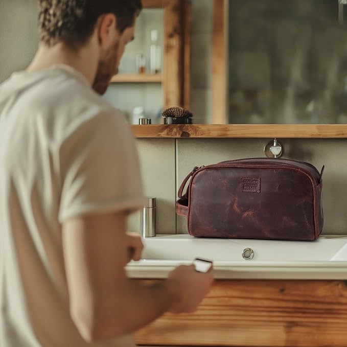 LEATHER VILLAGE Genuine Leather Toiletry Travel Bag With Waterproof Lining - Mulberry Brown | King-Size Handcrafted Vintage Dopp Kit Bag, Shaving & Bathroom Organizer, Gift for Men & Women - Image 7