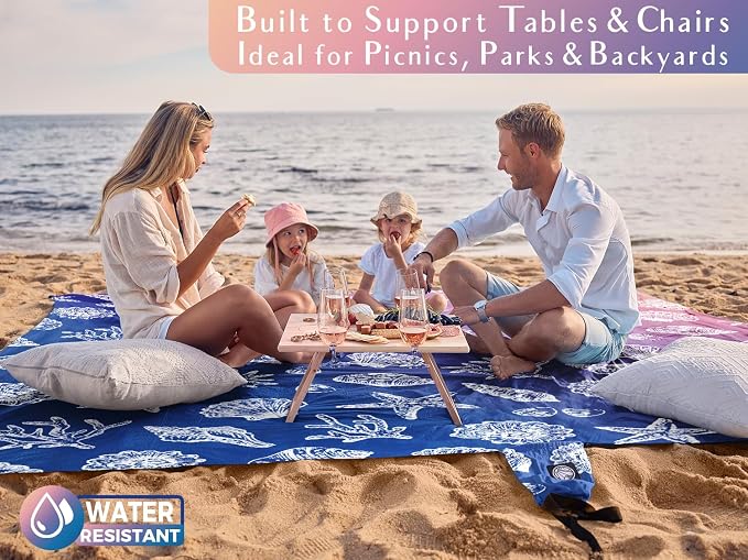 WEKAPO Beach Blanket Waterproof Sandproof Oversized, Extra Large Beach Mat Sand Free, Lightweight & Compact Sand Free Mat with 5 Stakes & 4 Corner Pockets - Image 4