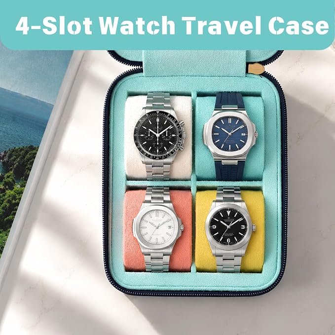 4-Slot Leather Watch Roll Travel Case with Velvet Interior | Multiple Watch Capacity,Premium Hexagon Leather,Velvet M-Shaped Cushions,Secure Snap Closure,Storage Organizer - Image 2