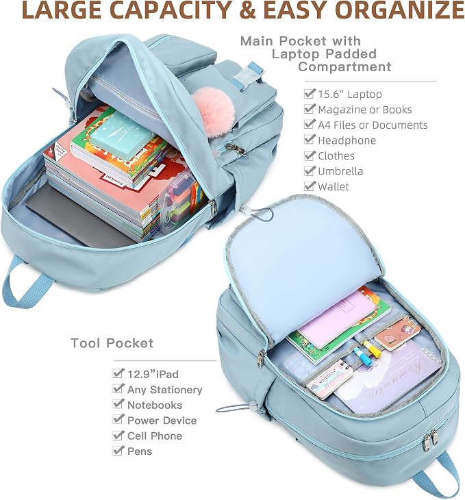 Laptop Backpack 15.6 Inch Elementary Middle High School Bag College Backpacks with Lunch Box Pencil Pouch 3 PCS Set Travel Bookbags for Teens Girls Women Students (Blue) - Image 2