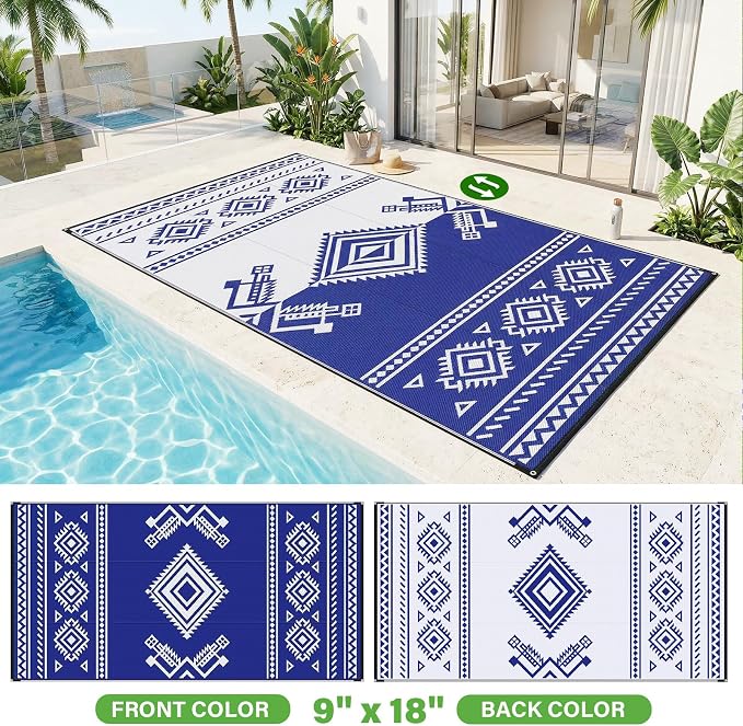 GOTGELIF 9x18 ft RV Camping Rug Waterproof, Large Reversible Bohemian Outdoor Plastic Straw Mat with Carry Bag, 4 Stakes & Seam, UV-Resistant Portable Carpet for Patio Pool Beach Deck (Blue & White) - Image 2