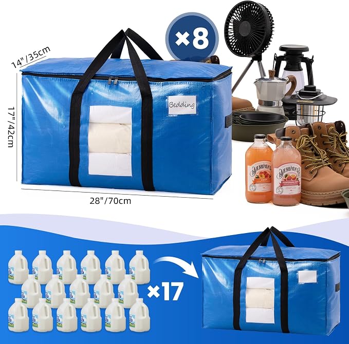 TAILI Extra Large Moving Bags, 8 Pack Blue Heavy Duty Totes For Storage with Visible Window, Wrap Around Handles, Storage Bags for Space Saving, Alternative to Moving Boxes - Image 6