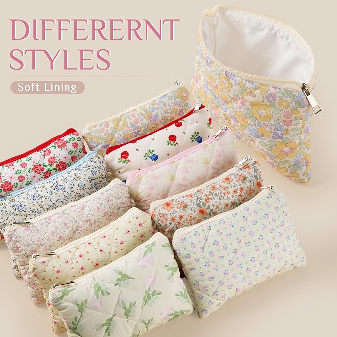 Paterr 10 Pcs Quilted Makeup Bag Bulk Cotton Floral Cosmetic Bag Women Girls Bridesmaid Gifts Cute Makeup Pouch Coquette Aesthetic Travel Toiletry Organizer(Rustic Floral,9.06 x 5.91 Inches) - Image 6