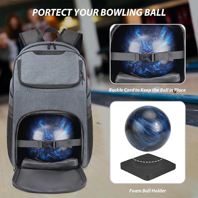 Bosynoy Bowling Backpack, Single Bowling Ball Bag with Shoe Compartment | Bowling Bag Totes with Foam Padded Protection, Fits Shoes Up to US Mens Size 16 and Accessories, Grey - Image 3