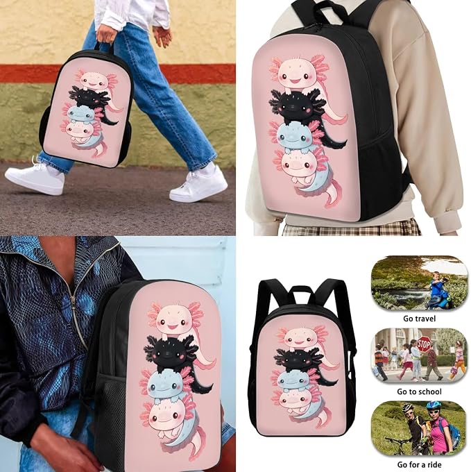 Cute Axolotl Backpack and Lunch Box for Girls 6-8/8-10 Pink Bookbag for 2nd Grade Primary/Elementary Book Bag Lunchbox Pencil Case Watter Bottle Holder 4PCS Kids Back to School Back Pack Set - Image 3