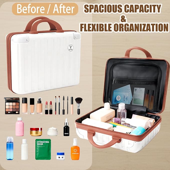 14 Inch Portable Waterproof Hard Shell Travel Makeup Case (Brown) | with Lock, ABS Scratch-Proof, Carrying Cosmetic Organizer Case with Elastic Band, Mini Suitcase Vanity Case for Women Girl - Image 5