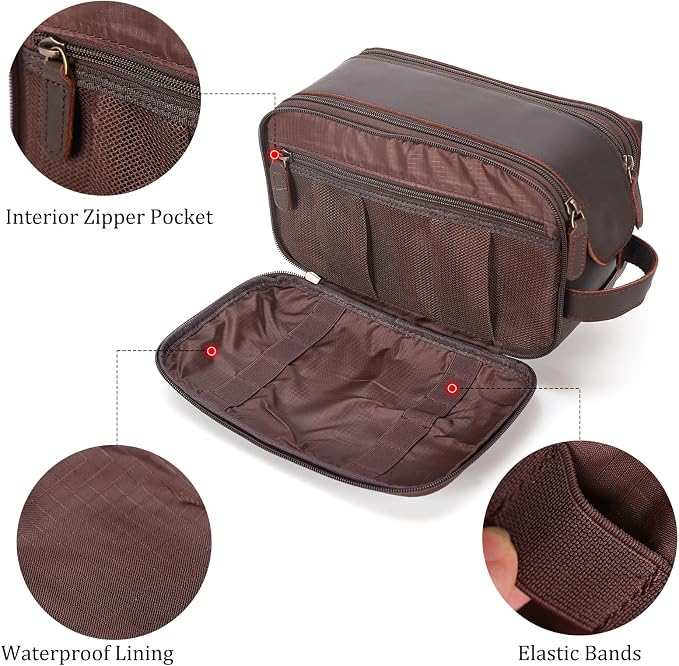 Polare Full Grain Leather Travel Toiletry Bag Dopp Kit Large Cosmetic Travel Case Shaving Kit Wash with YKK Zippers - Image 4