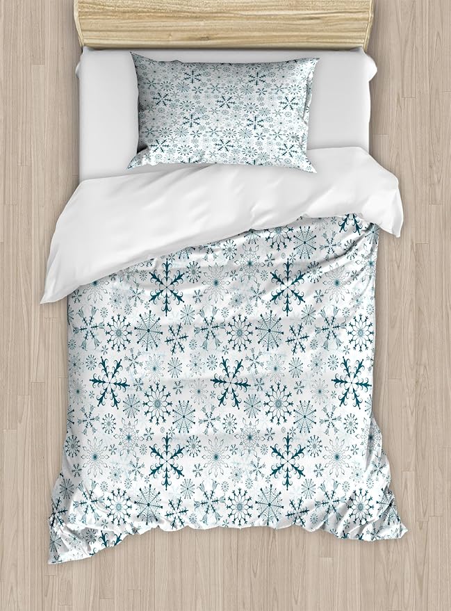 Ambesonne Winter Duvet Cover Set, Merry Xmas Theme Delicate Snowflakes Cold Freezing Weather Vintage Holiday Pattern, Decorative 2 Piece Bedding Set with 1 Pillow Sham, Twin Size, Teal White by Ambesonne