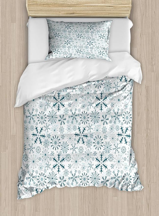 Ambesonne Winter Duvet Cover Set, Merry Xmas Theme Delicate Snowflakes Cold Freezing Weather Vintage Holiday Pattern, Decorative 2 Piece Bedding Set with 1 Pillow Sham, Twin Size, Teal White by Ambesonne