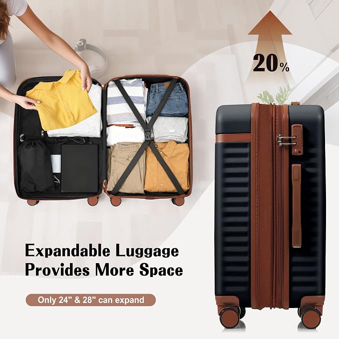 Hardshell Luggage, Lightweight Suitcase with Spinner Wheels, BLACK+USB - Image 3