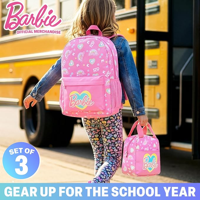 Get Trend Barbie Girls Backpack, Lunch Bag & Pencil Case, 3-Piece Set | 18 inch Kids Bookbag, Adjustable Padded Straps, Insulated Lunch Bag, Zipped Pencil Pouch, School Supplies, Gifts for Girls - Image 2